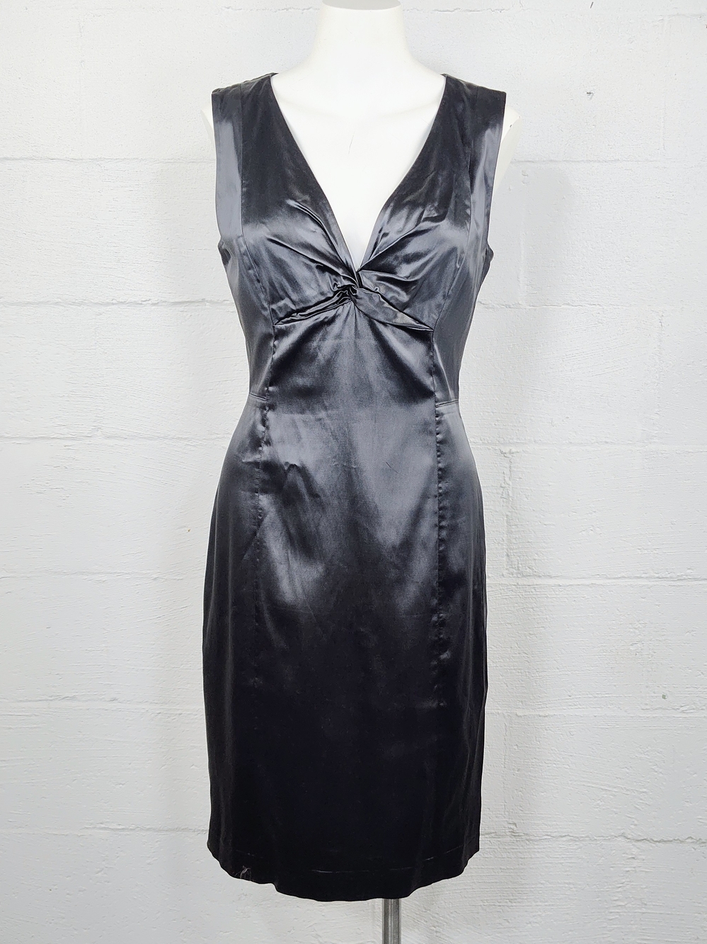 Ports 1961 Black Satin Twist-Front Sheath Dress